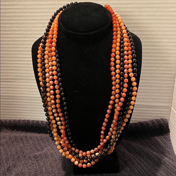 Jewelry - Vintage Orange Black Beaded Necklace 12” Drop